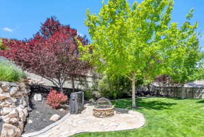 Backyard featuring a stone fire pit area, mature trees, and a manicured lawn