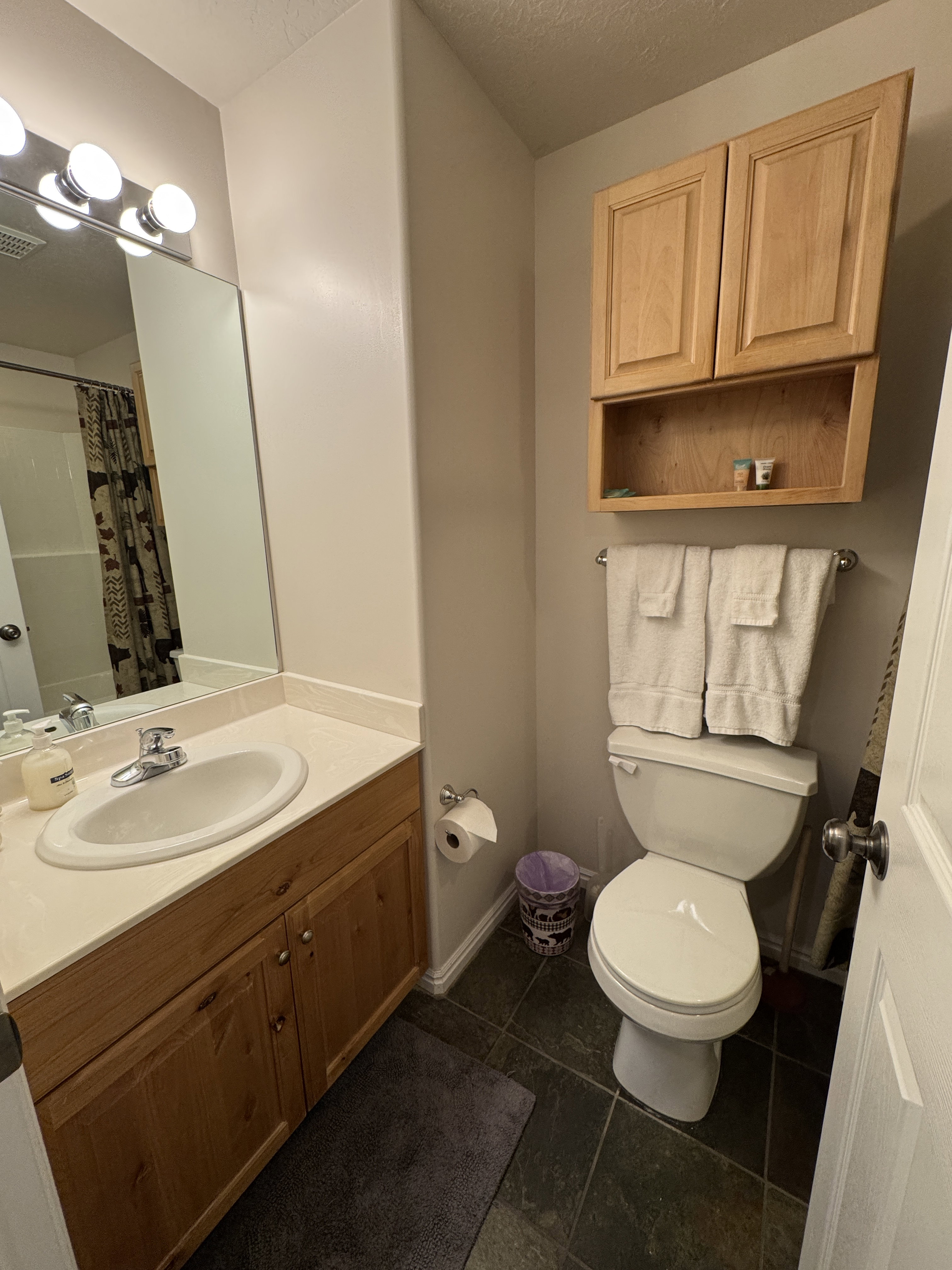 Lower level shared bathroom with tub/shower combo