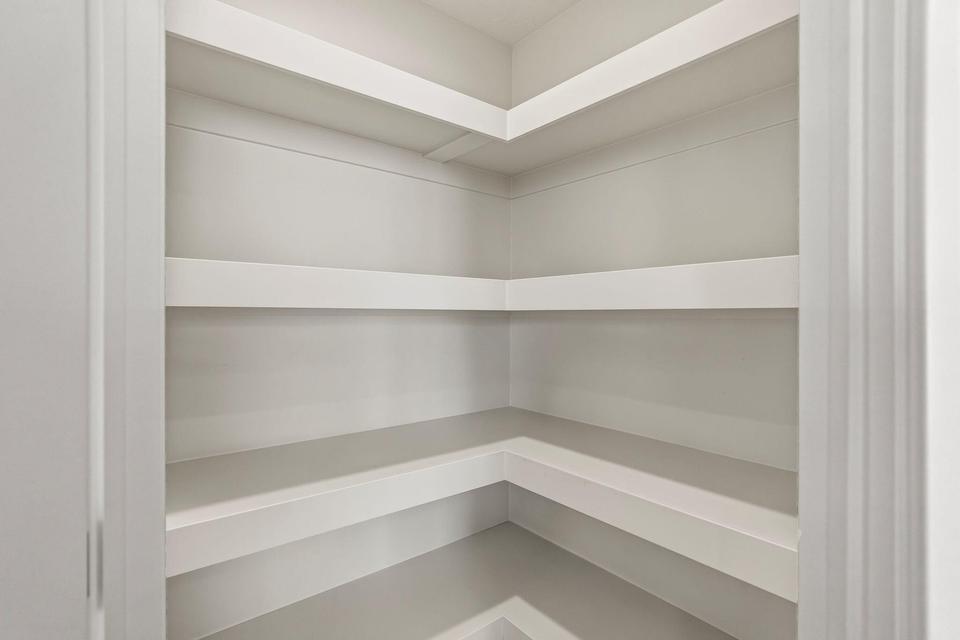 Corner pantry with multiple white-painted built-in shelves