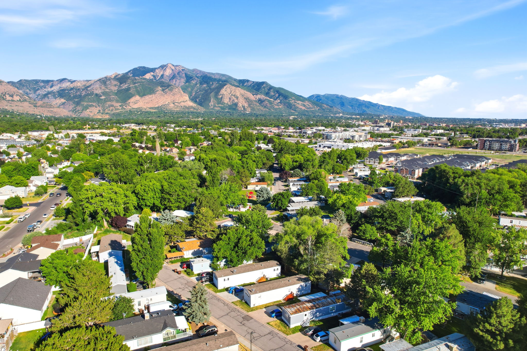 Expansive regional landscape featuring a distant mountain range, abundant mature trees, residential properties, and commercial structures