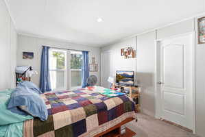 Bedroom featuring two windows with blue draperies, recessed ceiling lighting, light gray paneled walls, and carpet flooring