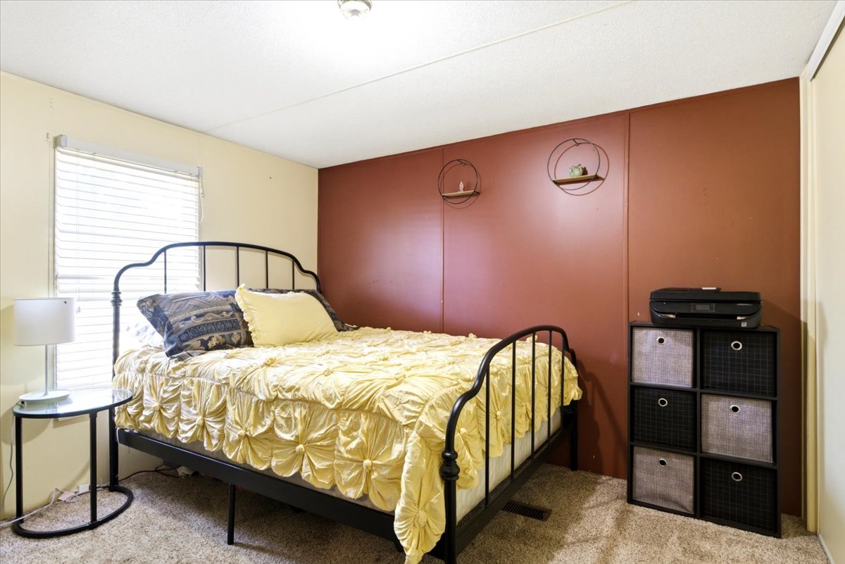 Carpeted room featuring a window with horizontal blinds, a ceiling light fixture, and a contrasting accent wall with decorative shelving