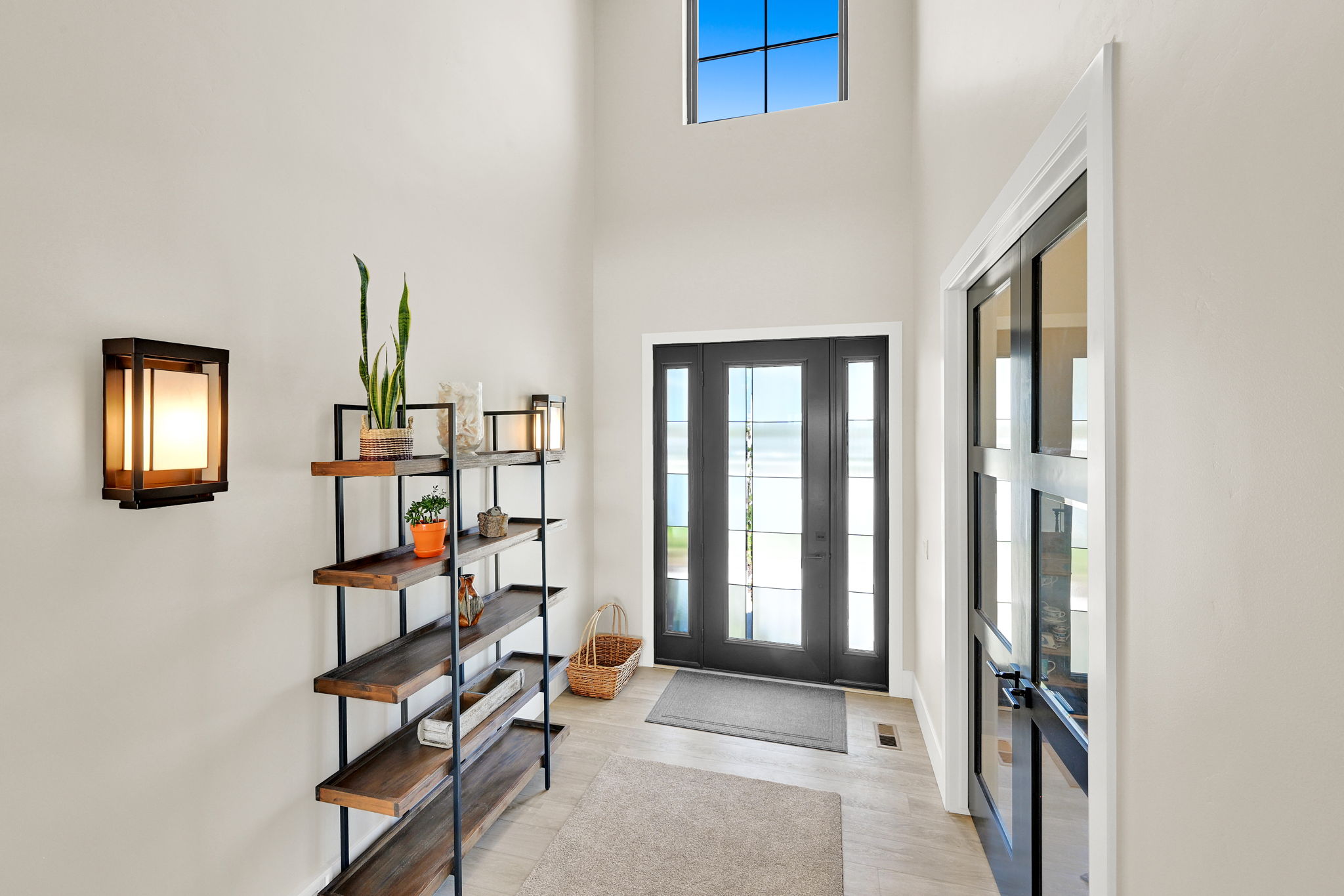 Foyer featuring a transom window, dark paneled entry door with sidelights, and light-toned flooring