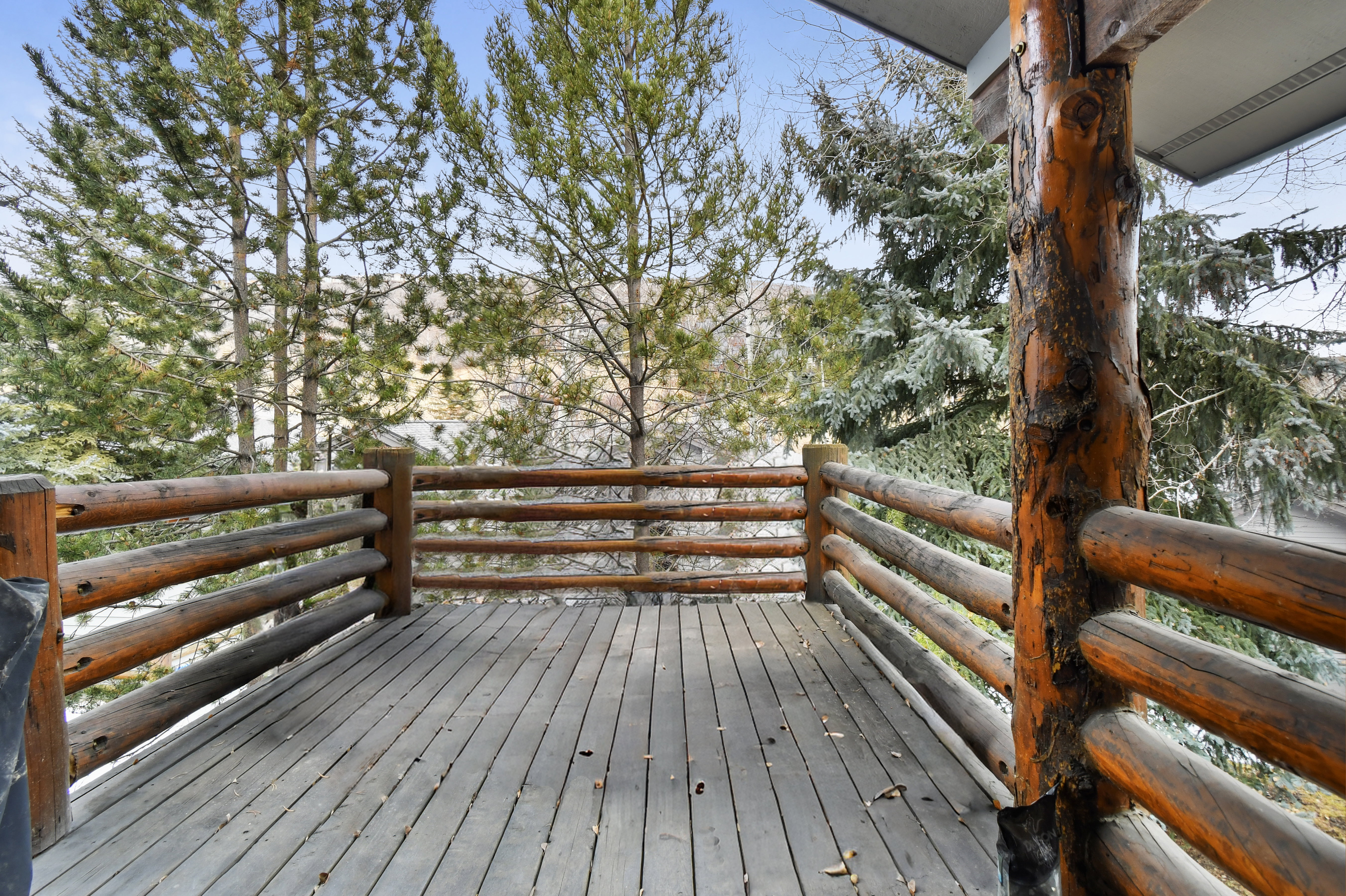 Spacious wood deck with natural log railing and support pillars, featuring wood-finish flooring and surrounding evergreen trees