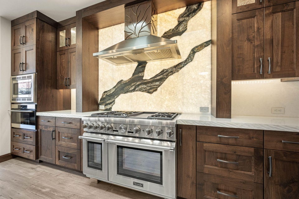 Gourmet kitchen featuring a professional-grade stainless steel range with double ovens, a custom range hood with a leaf motif, and a unique backlit stone slab backsplash