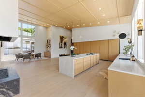Open-concept kitchen and dining area featuring a large center island with integrated storage, wood-finish flooring, a light wood-paneled ceiling, a contemporary fireplace with a dark stone surround, and tall windows providing abundant natural light