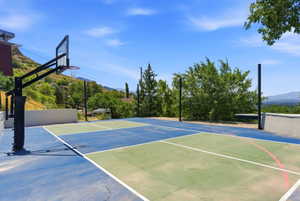 Multi-sport court featuring blue and green surfacing with white line markings