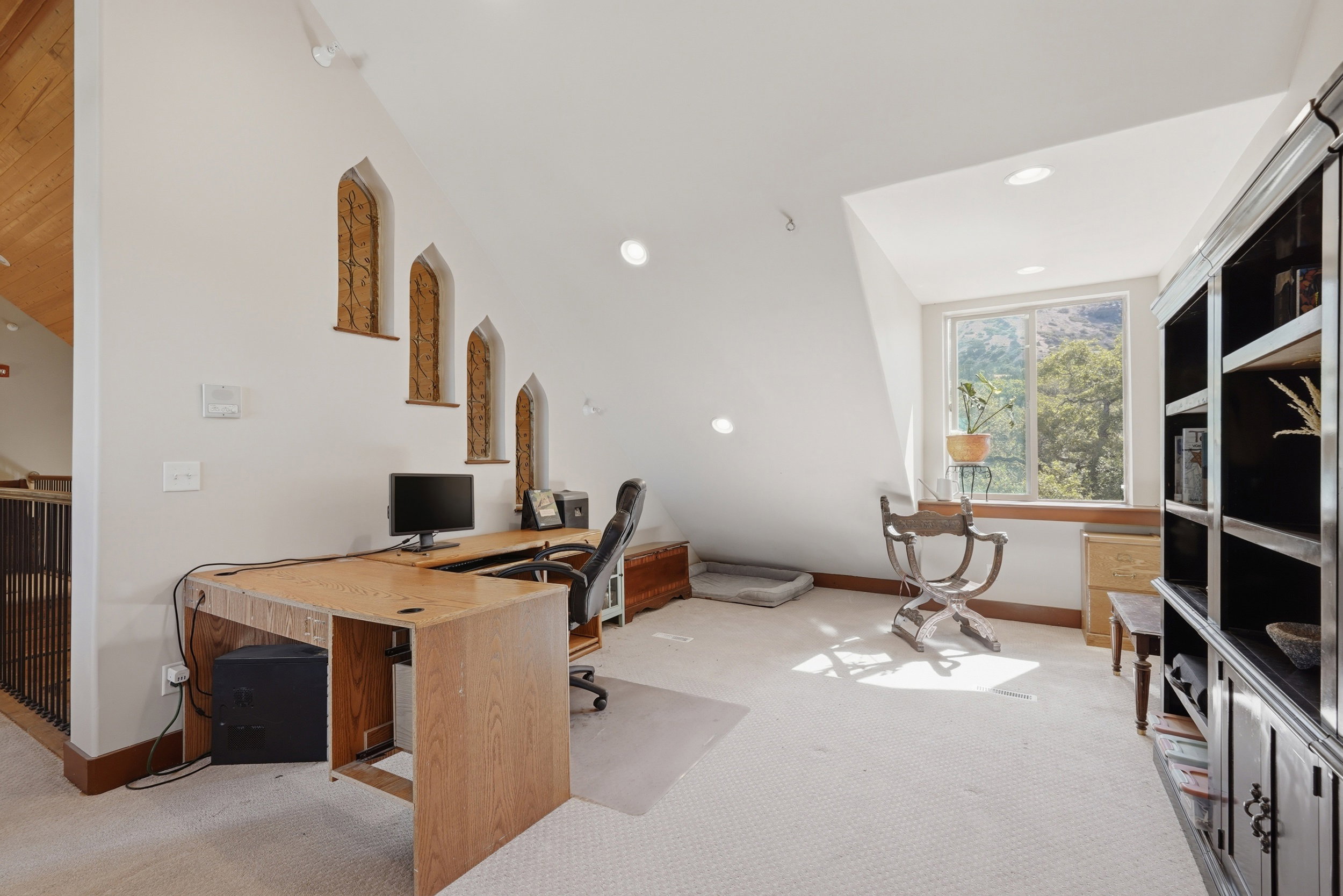 Bright interior space featuring a window with natural scenery, light-colored carpeting, recessed lighting, and a built-in dark wood bookshelf