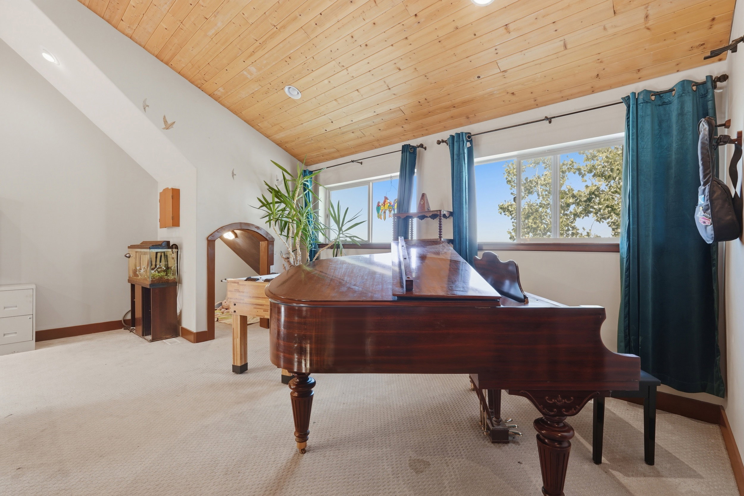 Vaulted wood-paneled ceiling with recessed lighting