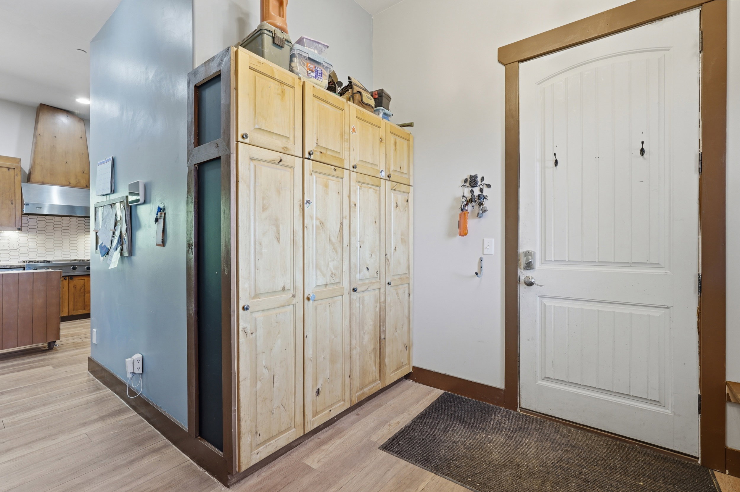 Entry area with wood-finish flooring, featuring a paneled door with wood trim, built-in floor-to-ceiling cabinetry, and a wall with a built-in chalkboard panel