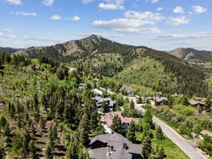 Aerial perspective showcasing a residential community nestled within a mountainous, heavily treed landscape