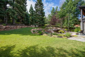 Expansive lawn bordered by a stone retaining wall and mature evergreen trees