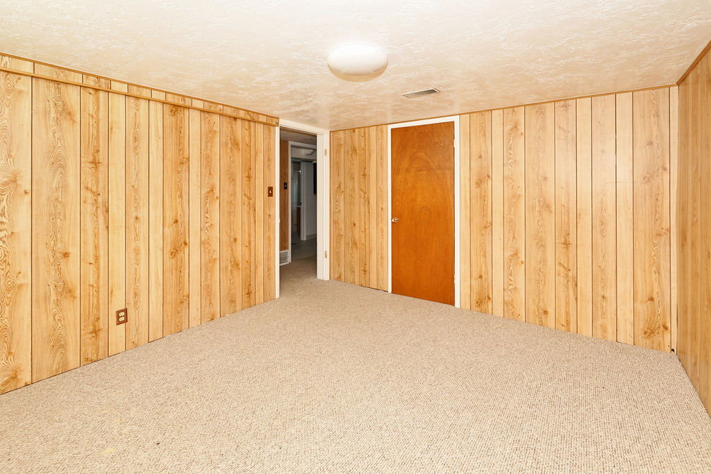 Room featuring wood-paneled walls, light-toned carpeting, and a flush-mount ceiling light