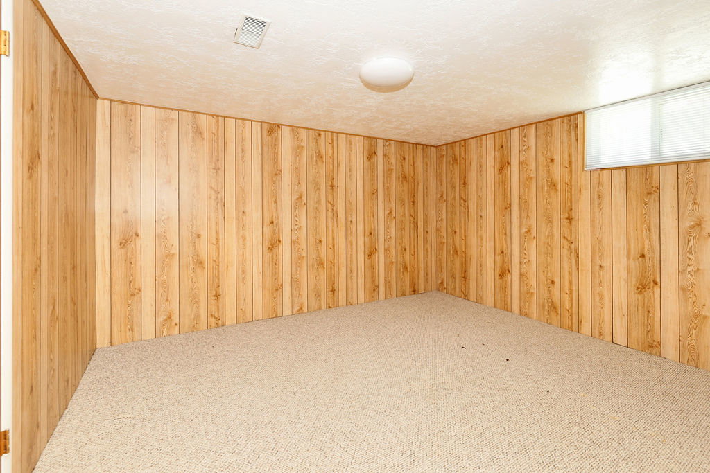 Room featuring vertical wood paneling, light-colored carpet flooring, a ceiling-mounted light fixture, and a rectangular window with horizontal blinds