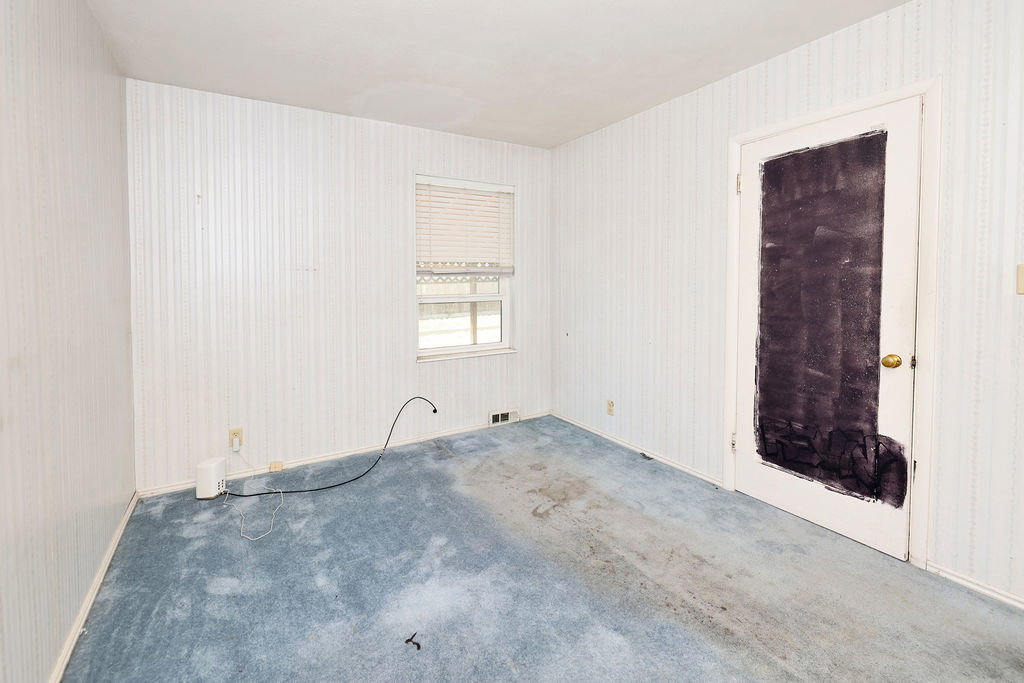 Room featuring striped wallpaper, a single window with horizontal blinds, and blue carpeting