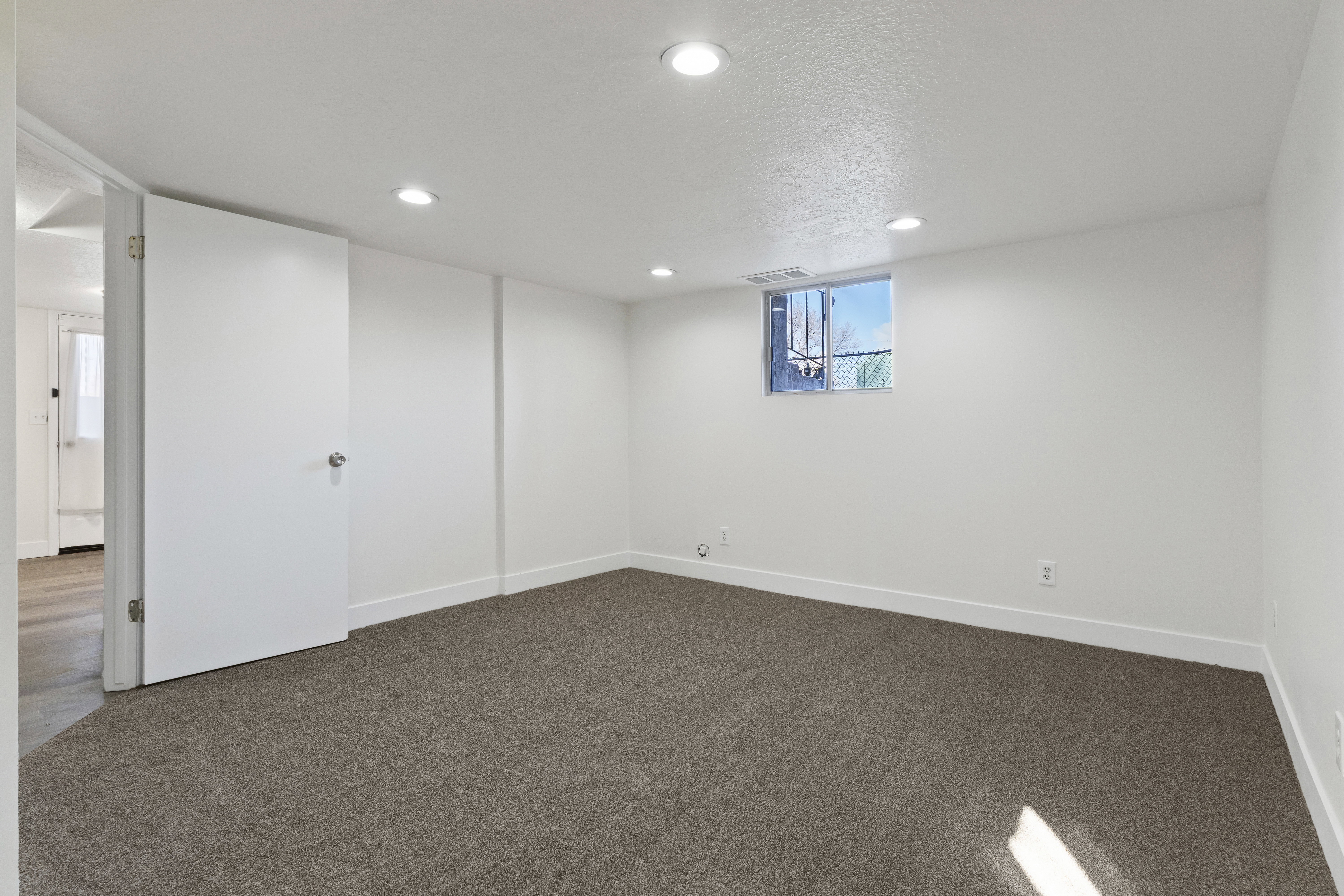 Spacious room featuring neutral carpeting, white walls, recessed ceiling lighting, a window, and a white door with a silver-toned handle