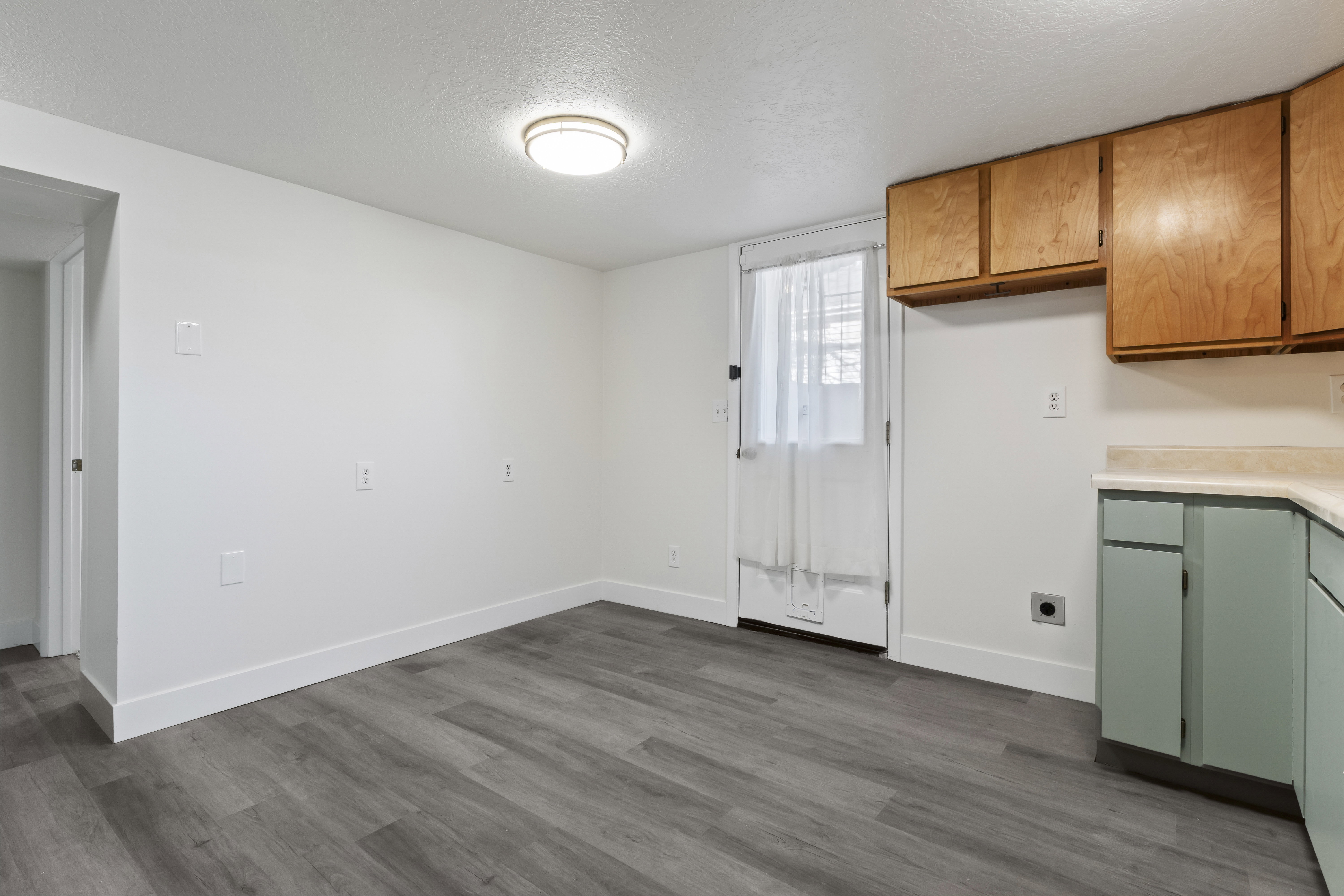 Room featuring wood-finish flooring, white walls, and a flush-mount ceiling light