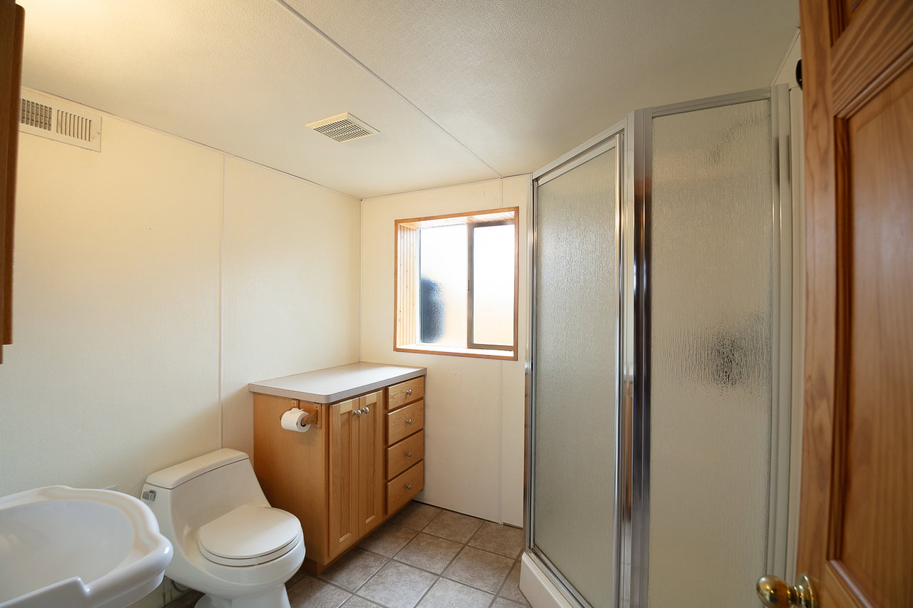 Bathroom featuring a standing shower with a textured glass enclosure, a pedestal sink, a toilet, a wood-finish vanity with a light countertop, and a frosted window