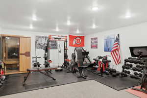 Flex room, Dedicated fitness room featuring recessed lighting, light-toned walls, and a combination of carpet and rubber mat flooring