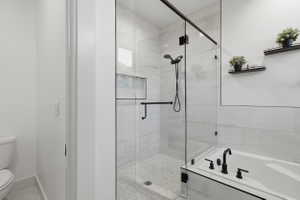 Primary Modern bathroom featuring a glass-enclosed shower with black hardware, a recessed shower niche, and mosaic tile flooring