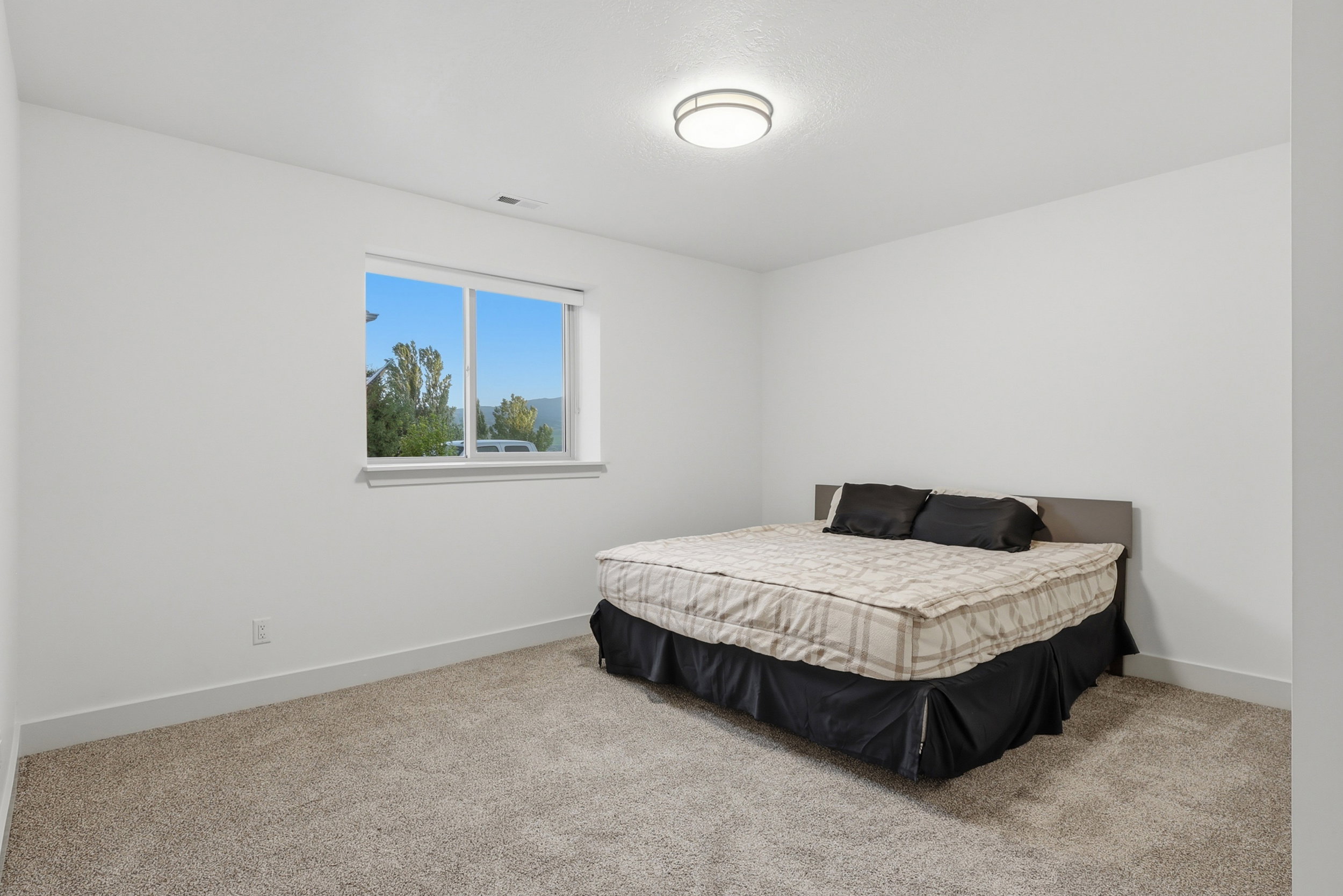 #5 Neutral wall tones in a room featuring a window with exterior scenery, overhead flush mount lighting, and carpet flooring with baseboard trim