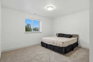 #5 Neutral wall tones in a room featuring a window with exterior scenery, overhead flush mount lighting, and carpet flooring with baseboard trim