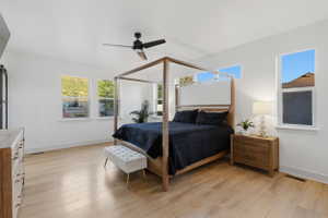 Primary bedroom with views featuring light wood-finish flooring and white walls