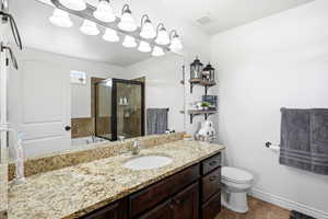 Master bathroom featuring a granite-look countertop with an under-mount sink, a dark wood-finish vanity, and a large mirror with multi-bulb lighting