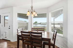 Dining area featuring multiple windows overlooking a body of water