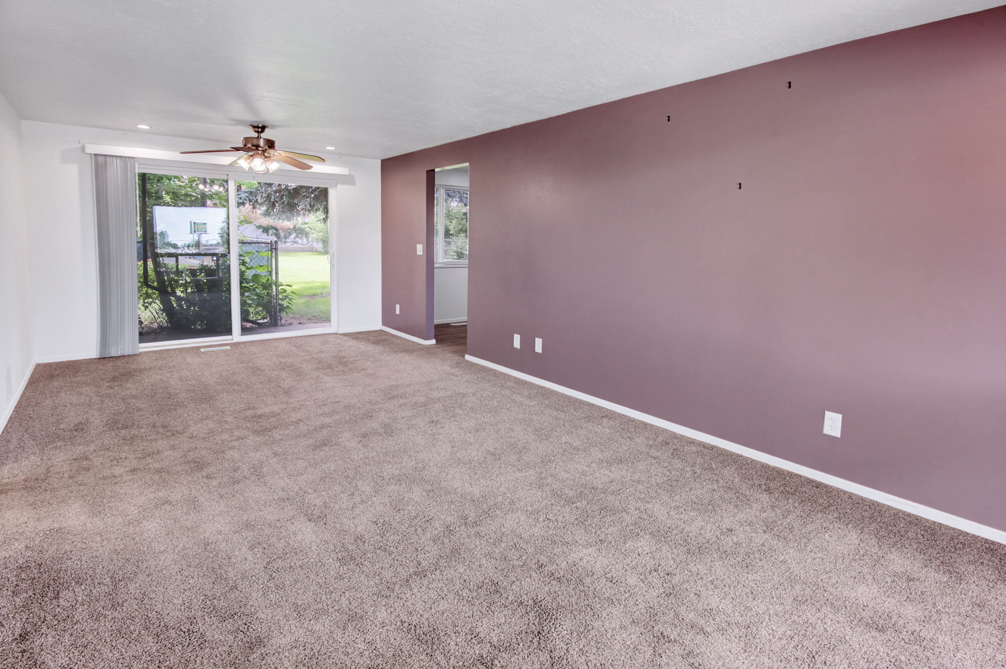 Living area featuring neutral-tone carpeting and a contrasting accent wall