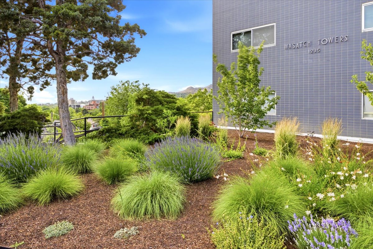 Landscaped grounds featuring various plantings, including lavender and ornamental grasses
