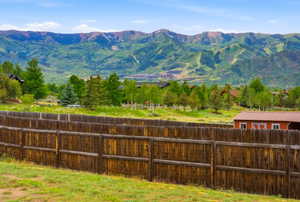 Wood privacy fence enclosing a grassy property, with a red outbuilding featuring a brown metal roof