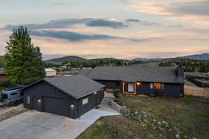 Modern exterior with dark vertical board siding, a two-car garage, and a concrete driveway