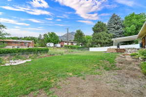 Expansive grassy area with mature trees and a white privacy fence