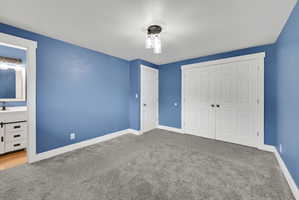 Spacious room featuring plush gray carpeting, white baseboards, a white six-panel bifold closet, and a contemporary ceiling light fixture