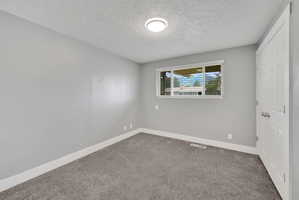 Room featuring light grey walls, white baseboards, and grey carpet flooring