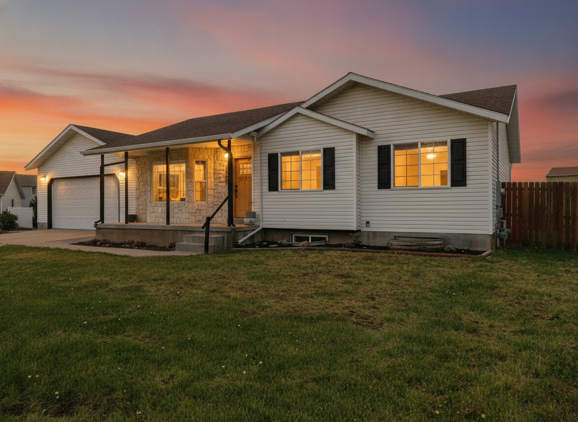 Single-story residence featuring white siding, a covered front porch with stone facade accents, an attached two-car garage, and a wood privacy fence