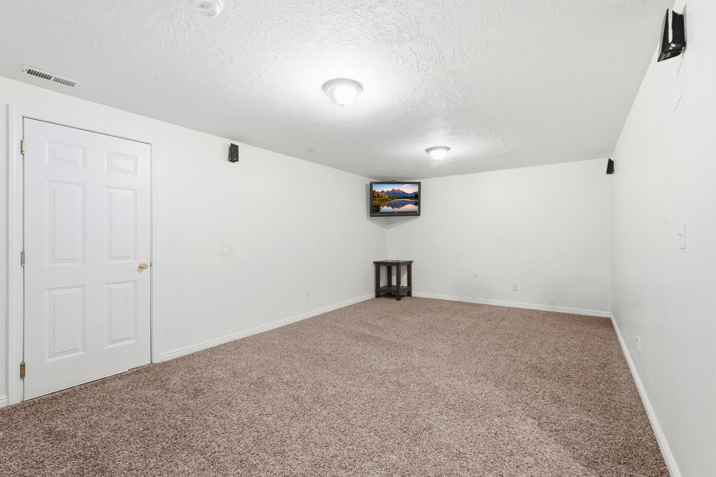 Spacious room featuring neutral carpeting, white textured walls, and ceiling-mounted lighting fixtures