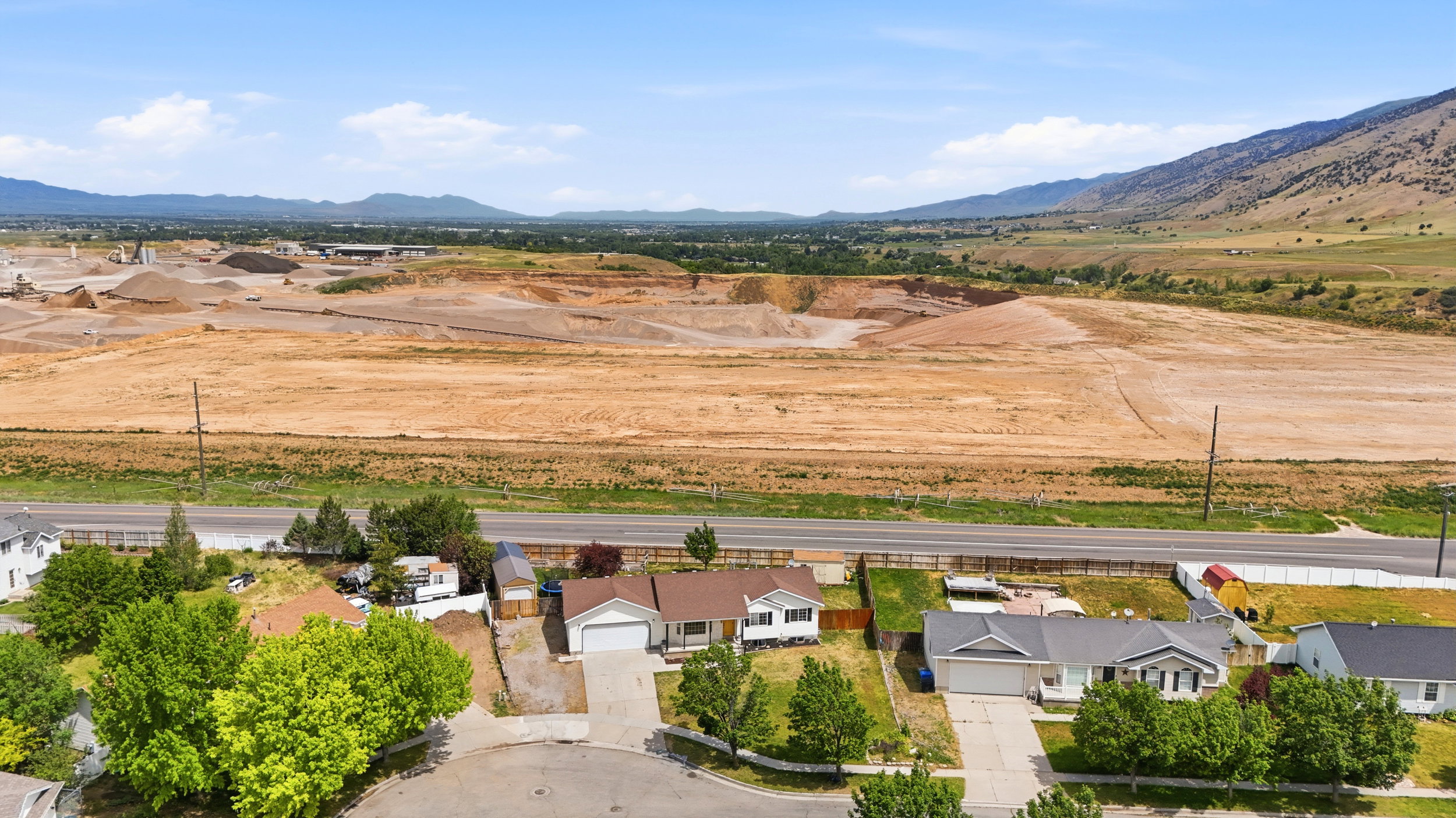 Aerial perspective showcasing a residential area with varied housing styles