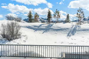 Expansive snow-covered landscape with distant mountains, mature evergreen trees, and a black metal railing