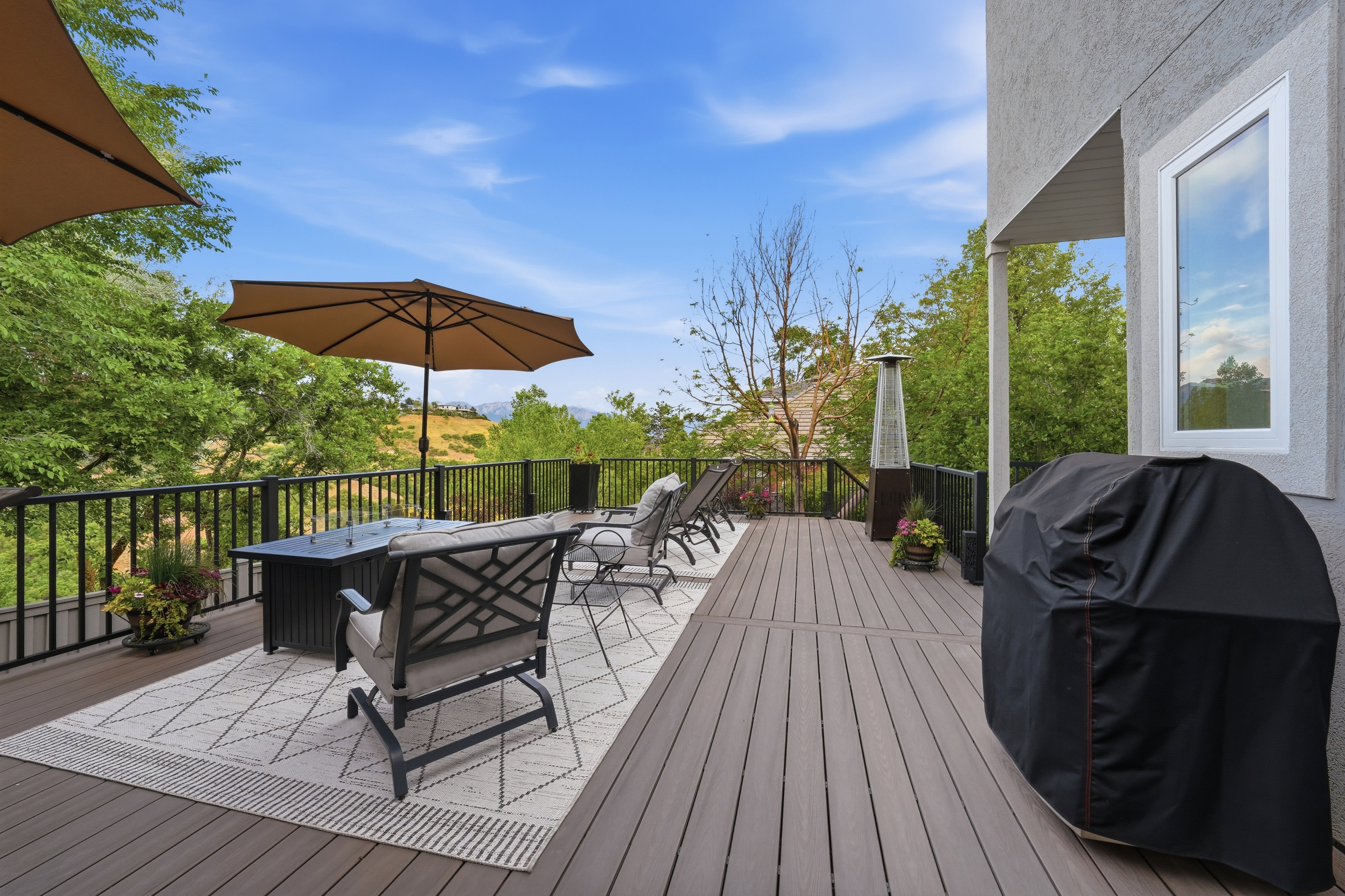 Spacious outdoor deck featuring dark wood-finish decking and black iron railings