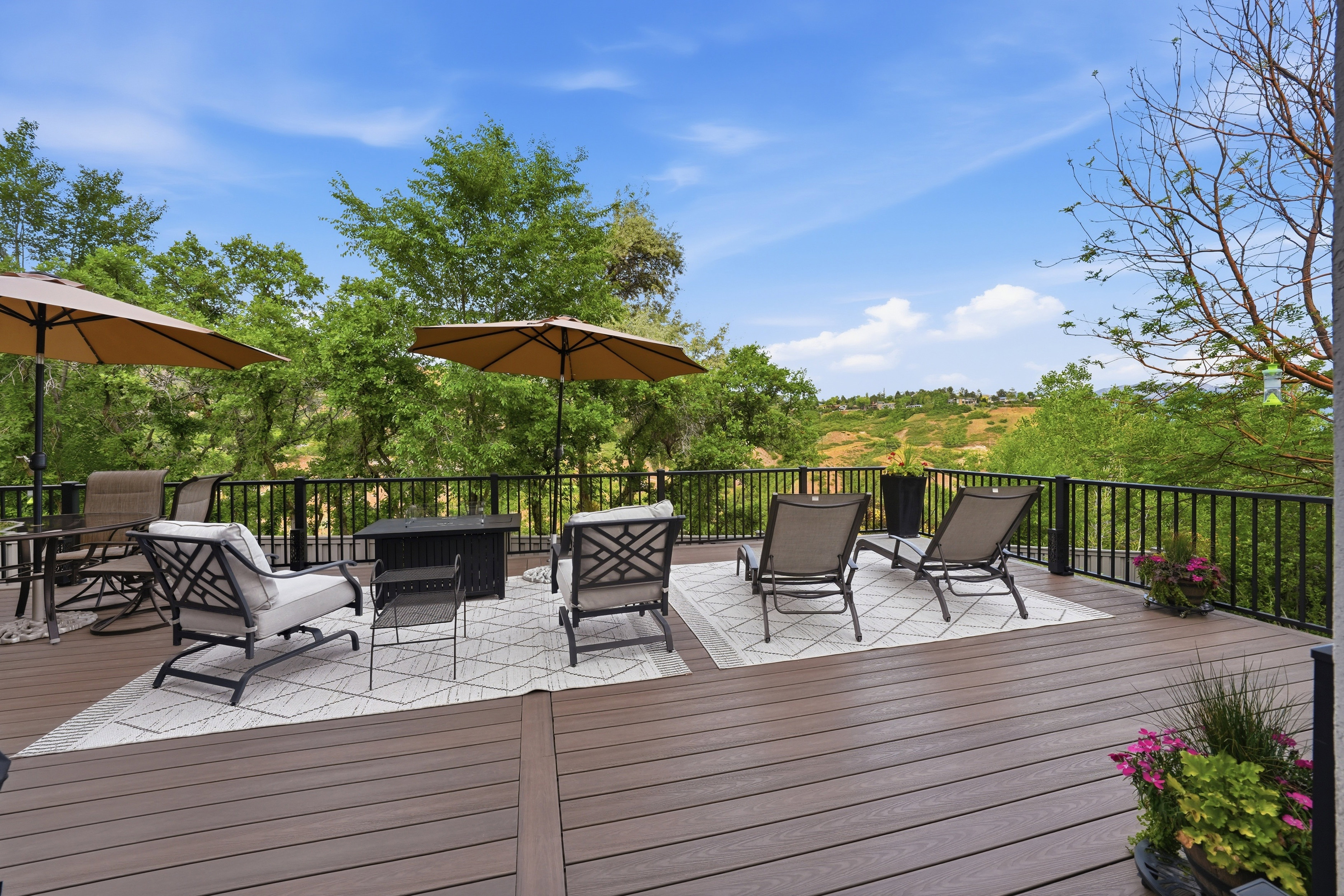 Expansive outdoor deck featuring composite decking and black metal railings