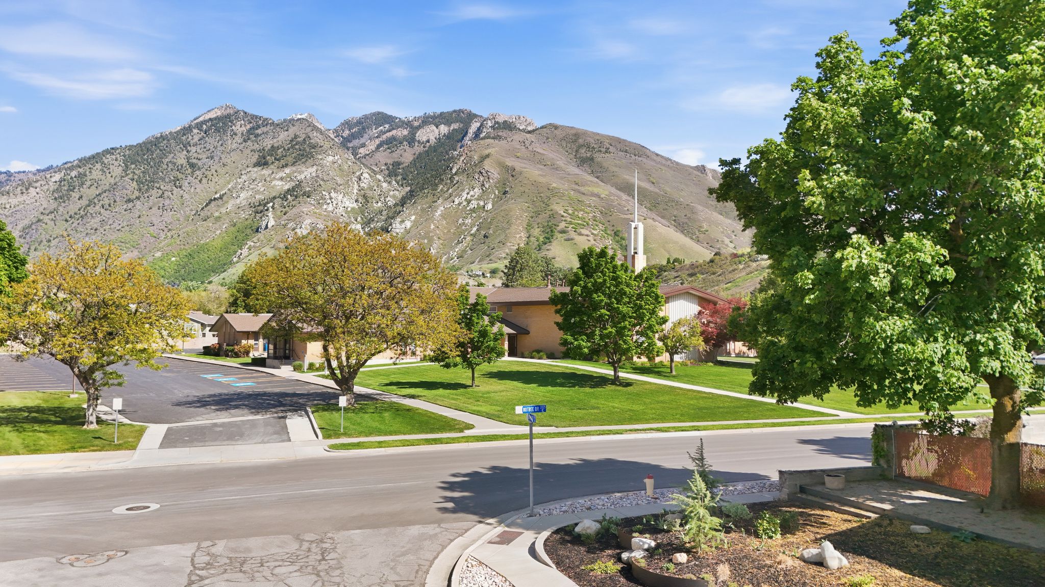 Mountain backdrop featuring a clear sky and mature trees