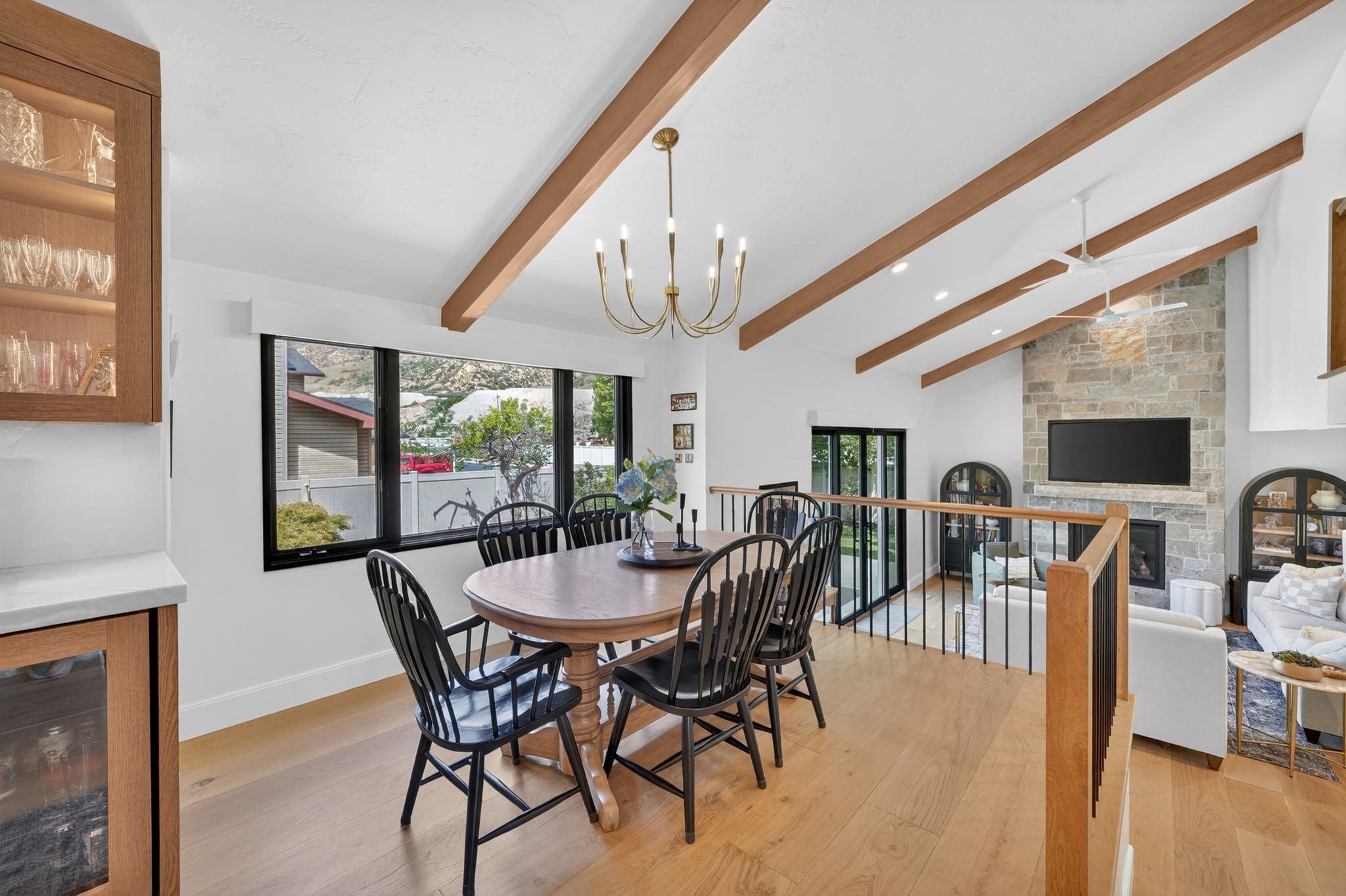 Vaulted ceiling with exposed wood beams