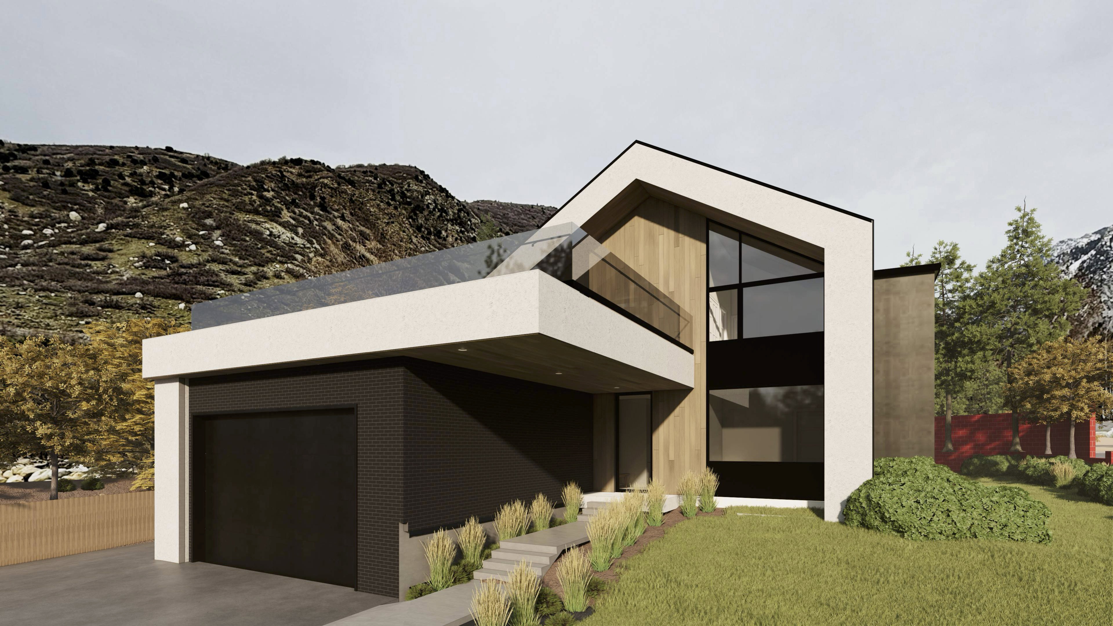 Contemporary architectural design featuring a prominent angular roofline