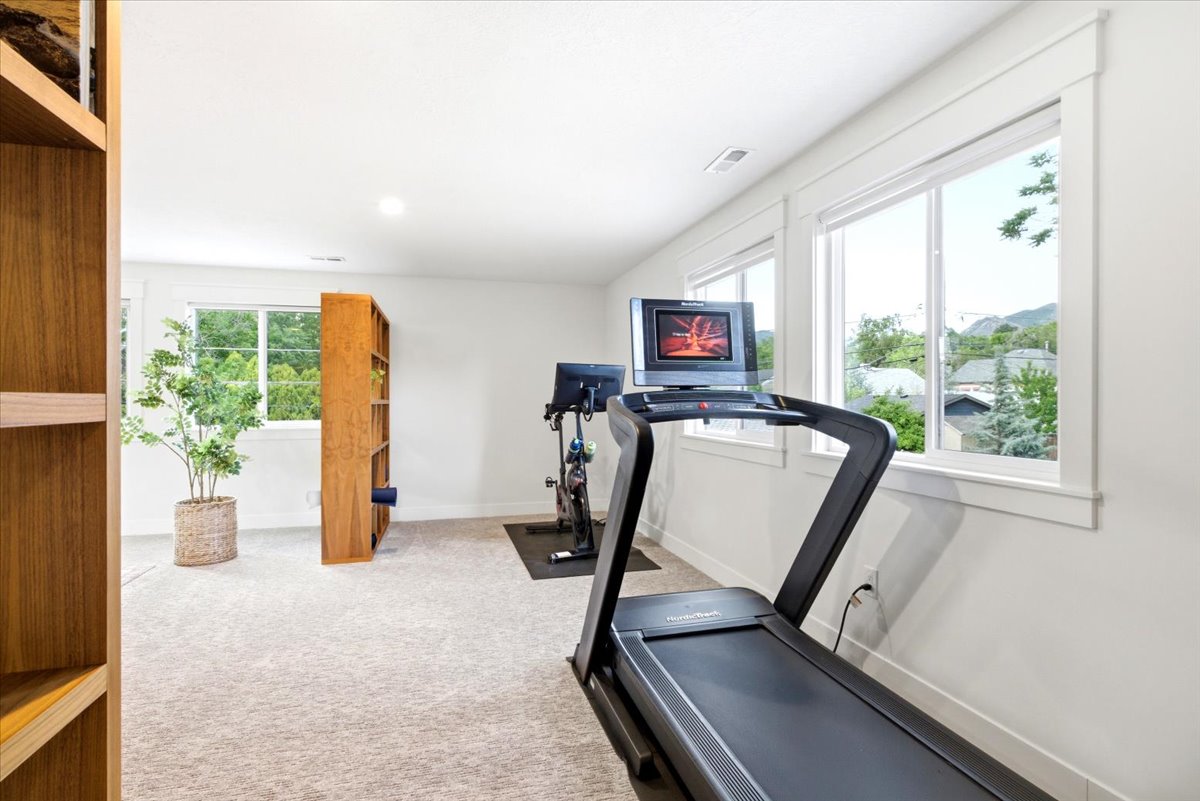 Versatile bonus room featuring multiple windows, recessed lighting, light-toned carpeting, and built-in shelving units