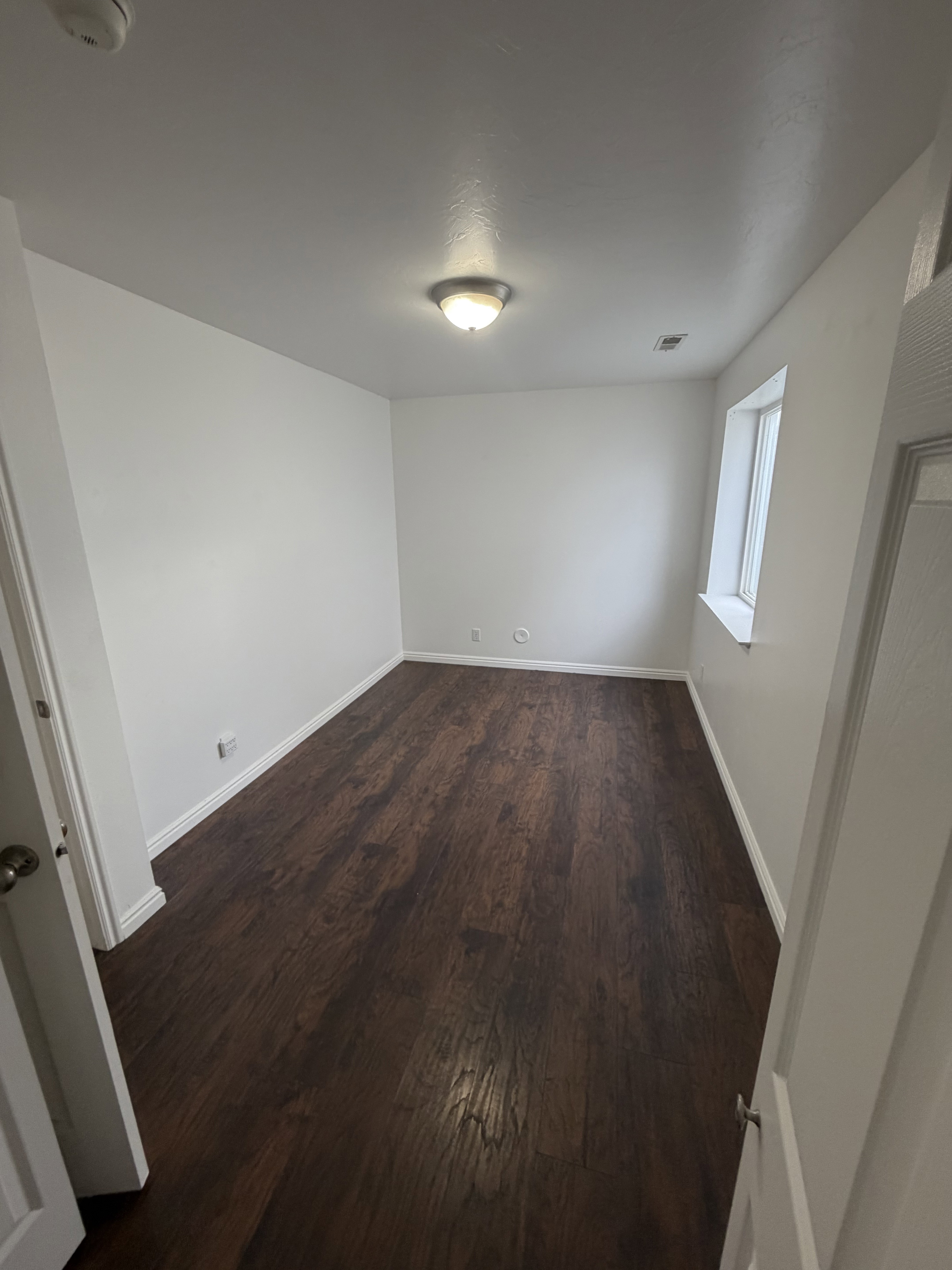Room featuring wood-finish flooring, white baseboards, a flush-mount ceiling light fixture, and a window with white trim