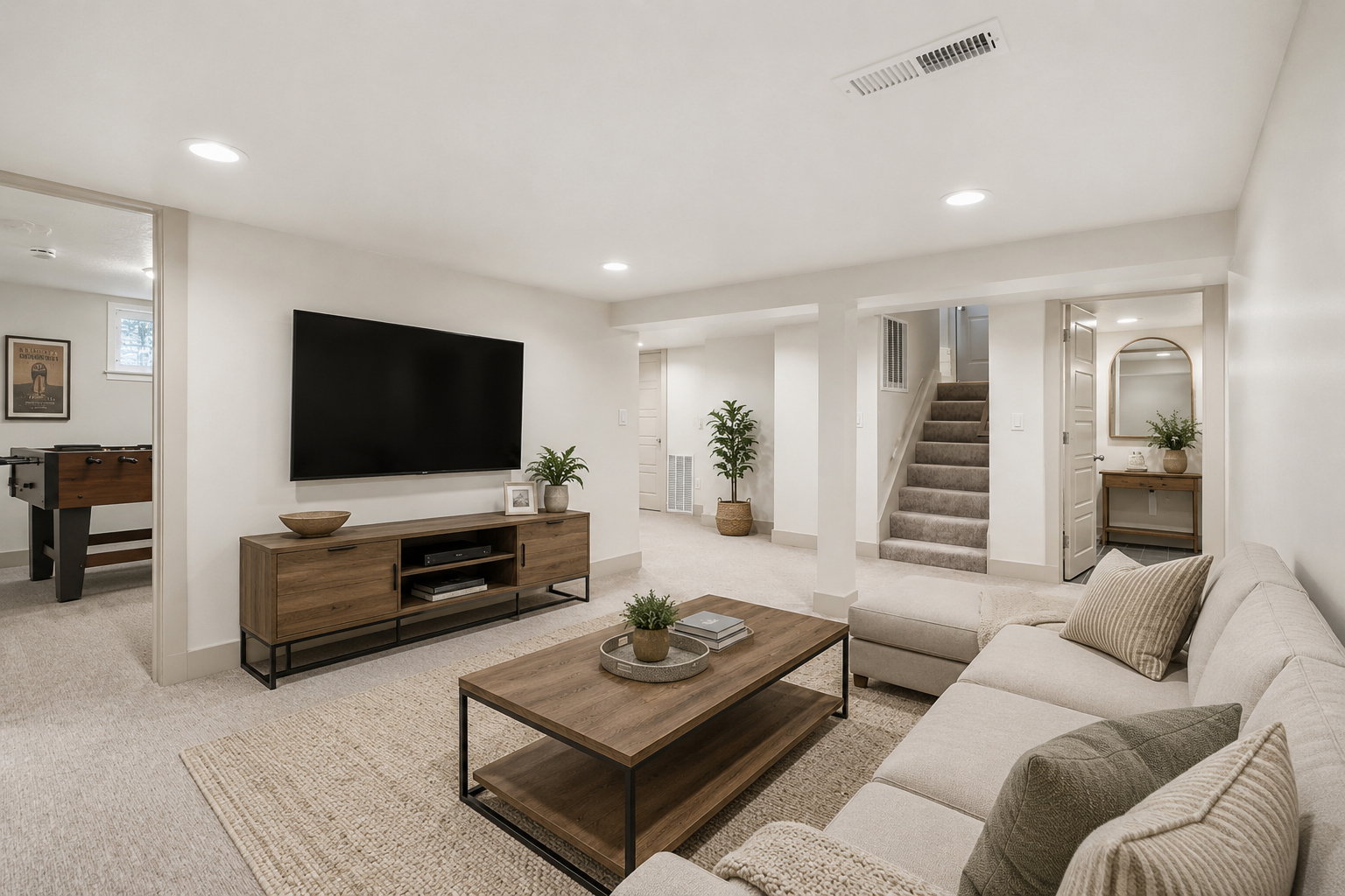 Spacious entertainment room featuring recessed lighting, light-toned carpeting, a wall-mounted television, a wood-finish media console, and a carpeted staircase