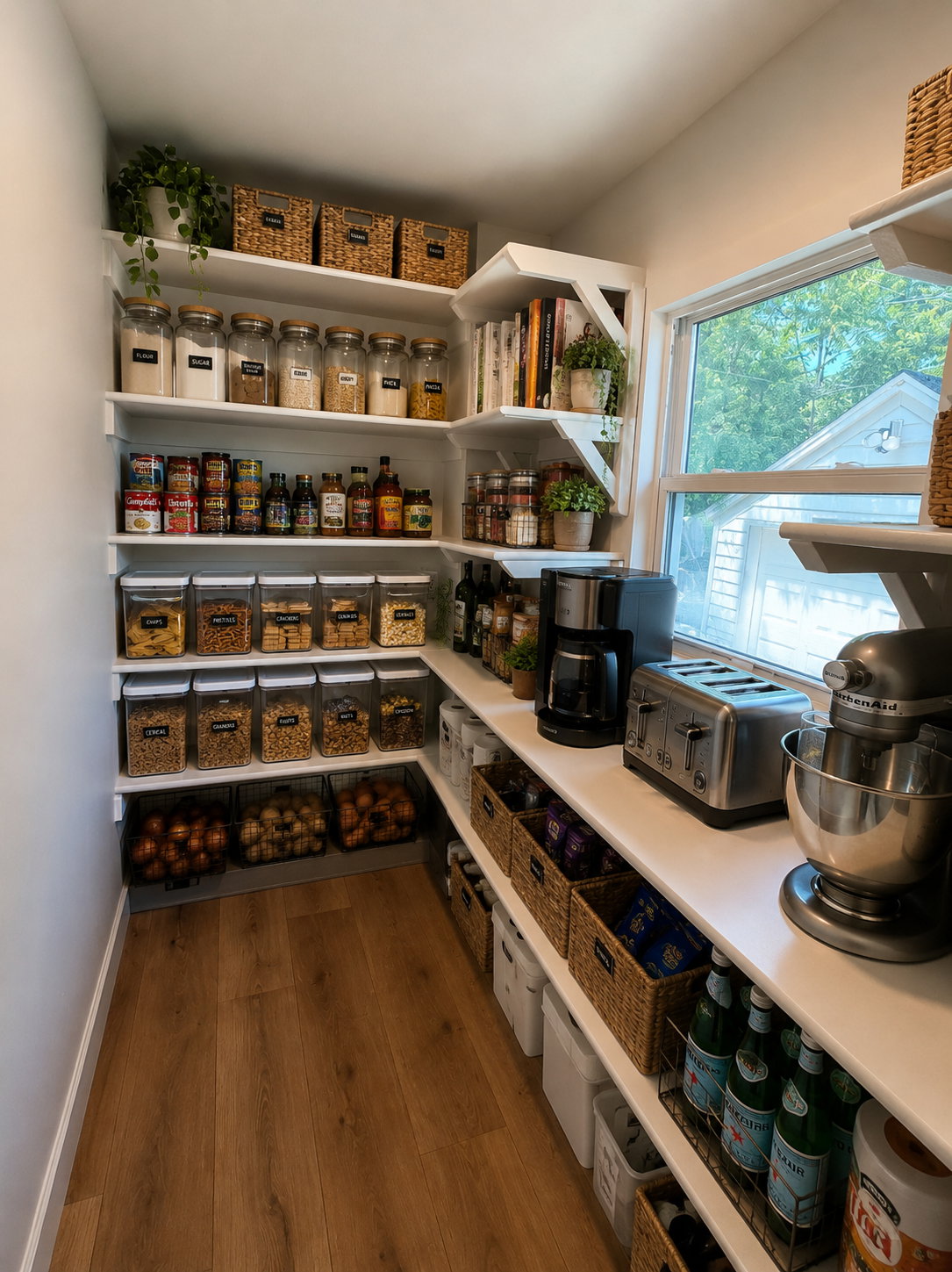 Walk-in pantry featuring extensive white shelving and wood-finish flooring
