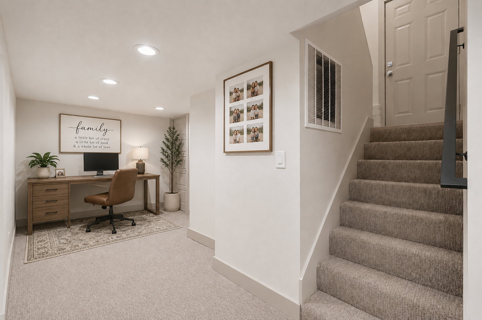 Carpeted flooring throughout, recessed lighting, and a neutral wall palette